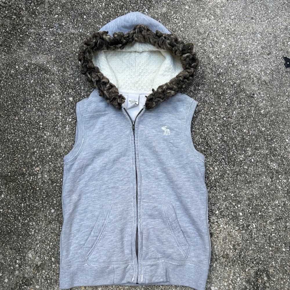 Vtg Abercrombie & Fitch Gray Faux Fur Trim Hooded Vest Full Zip Moose Logo Small